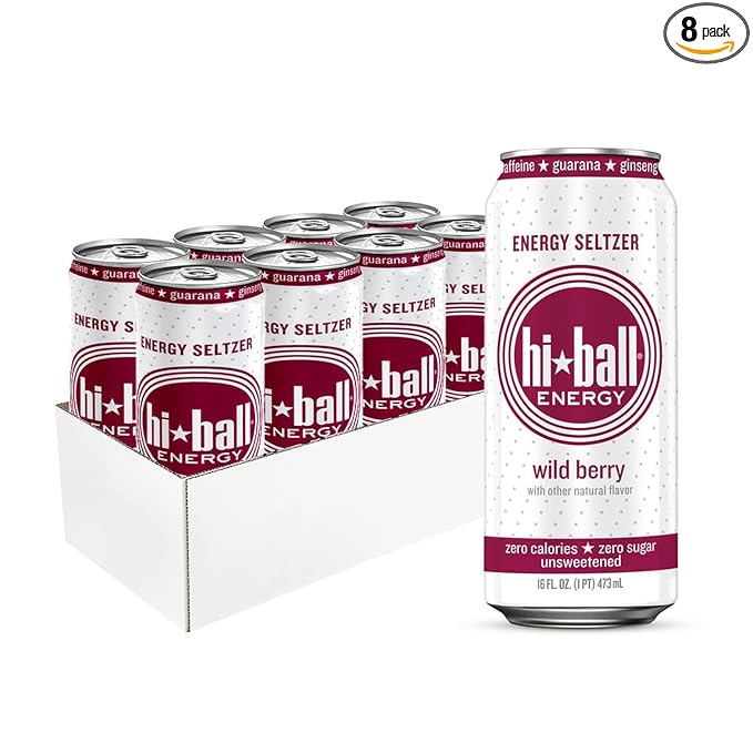Hiball Clean Energy Drink - Wild Berry - Zero Sugar, Zero Calorie Sparkling Water with 160mg Organic Caffeine, 50mg Organic Ginseng, 50mg Organic Guarana and B Vitamins - 16 fl oz (8-Pack)