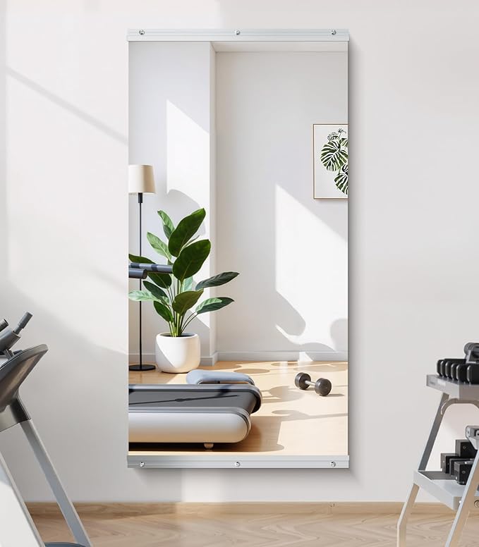 Home Gym Mirror - 48x24 Inch, 1PCS Frameless Tempered Glass Full Body Mirror for Wall Mount - Ideal for Yoga, Workout, Bedroom, Dance Studio (Silver)