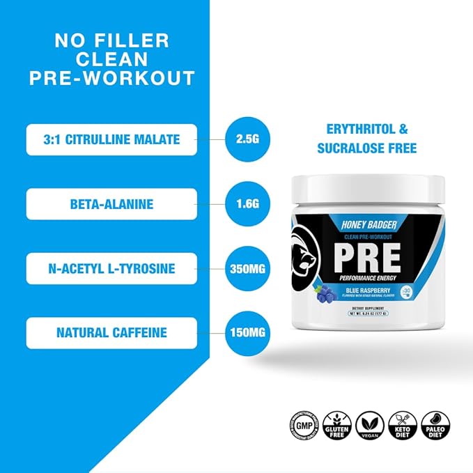 Honey Badger Pre Workout Powder, Keto Vegan Preworkout for Men & Women, Beta Alanine & Caffeine, Sugar Free Natural Energy Supplement, Blue Raspberry, 30 Servings