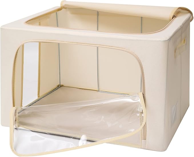 3Pack Frame Storage Box - Clothes Storage Bin Bags Oxford Fabric Foldable Stackable Container Organizer Set with Clear Window & Carry Handles Large Capacity (Beige, Extra Large-100L)