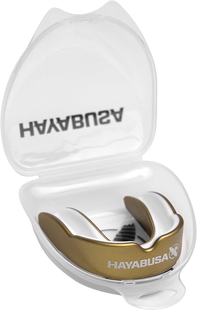 Hayabusa Combat Sports Mouth Guard Youth, Kids and Adult Sizes Comes with Case - Gold/White, Youth