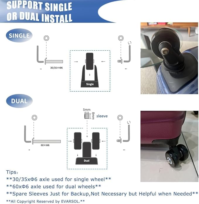54mm 4PCS Luggage Suitcase Replacement Wheels for Trolley Case Travel Bags Caster Inline Roller Skating Roller Swivel Rubber Wheels Bearings Repair Kits with Axles 30mm&35mm&60mm