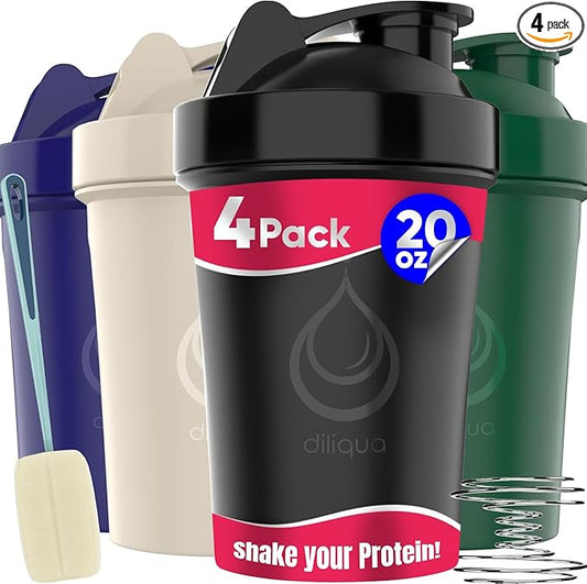 4 PACK, 20 oz Shaker Bottles with Wire Whisks for Protein Mixes | Leakproof Blender Shaker Bottle Pack | BPA-Free & Dishwasher Safe | Shaker bottle | Shaker Cups for shakes Bottle Pack