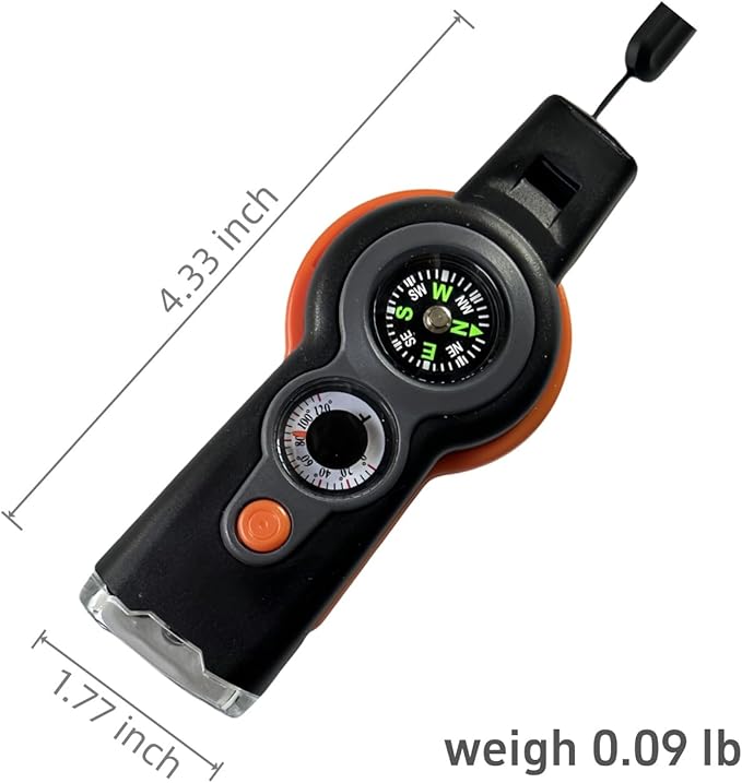 7 in 1 Emergency Survival Whistle with Compass, Outdoor Multi-Functional Hiking Safety Tool with Lanyard