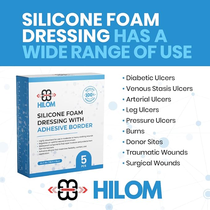 Hilom Silicone Foam Dressing with Adhesive Border 4 in x 4 in (5 Pack) Waterproof Dressing | Moist to Heavily Draining Wounds Including Pressure Ulcer, Burns, or Lacerations | Latex Free…
