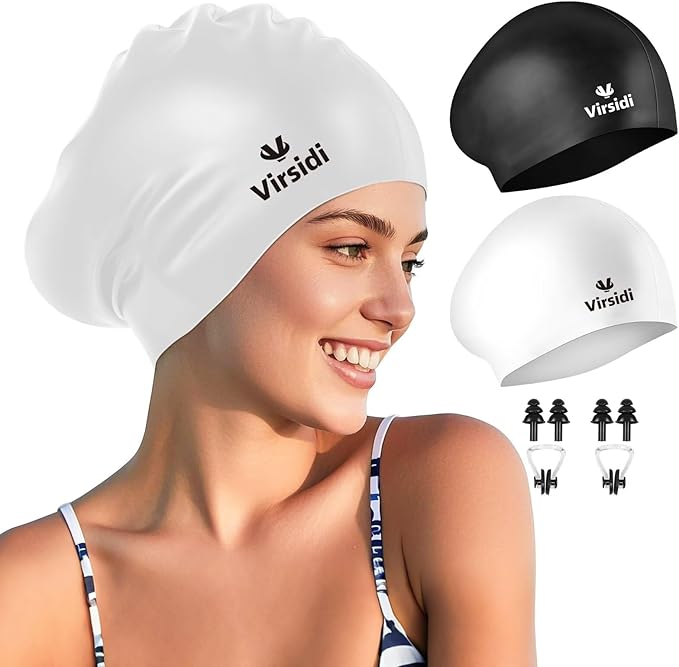 2 Pack Large Swim Caps for Long Hair, Silicone Swimming Cap for Adult Women Men, Waterproof Swim Hats Bathing Caps to Keep Hair Dry with Bonus Nose Clip and Earplugs