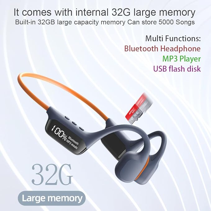 IHAO Swimming Headphones True Bone Conduction Open Ear Headset MP3 Player Built-in 32G Memory IP68 Underwater Waterproof Stereo Bluetooth Earphone for Driving Bicycling Running Skiing-Grey