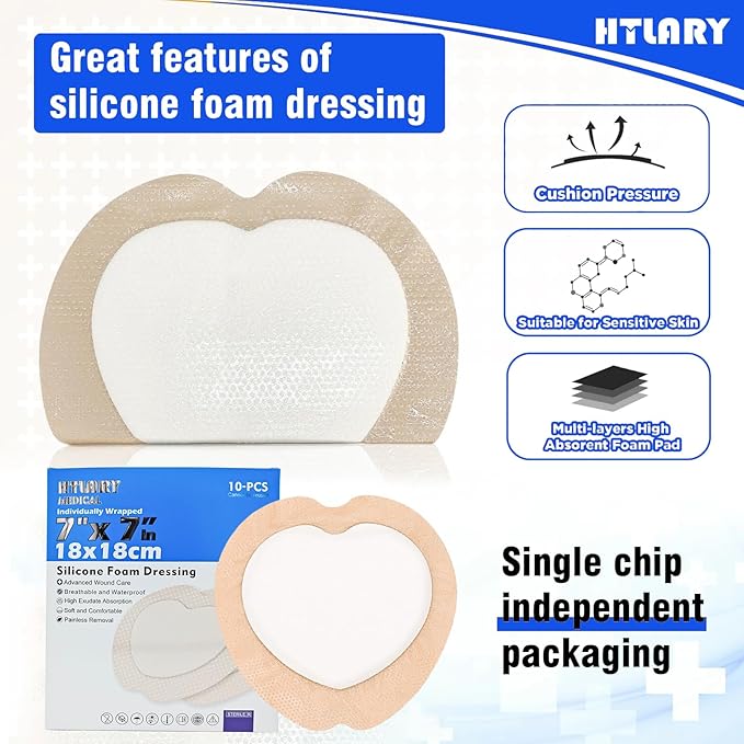 10 Pack Silicone Adhesive Sacral Foam Dressing 7x7 Inches Waterproof Breathable Wound Pads for Bed Sores Pressure Ulcer Care Absorbent Skin Friendly Medical Bandages