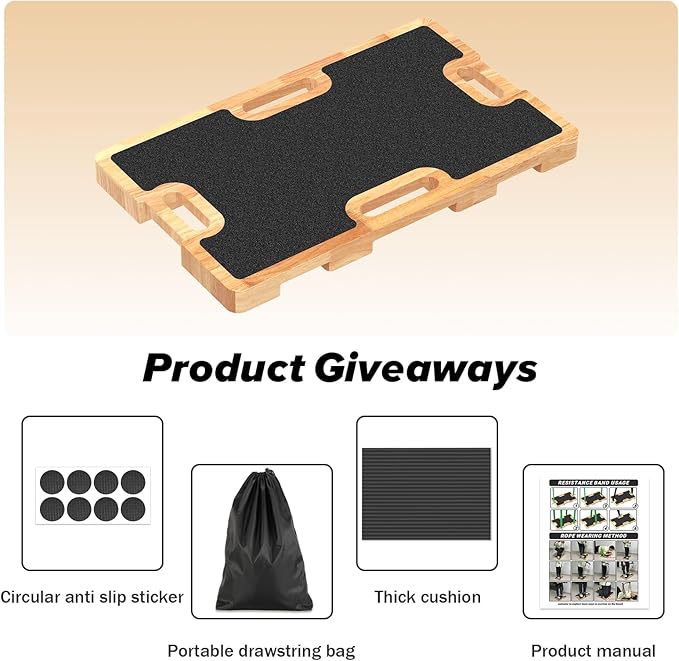 Wooden Resistance Band Foot Plate, Non-Slip Exercise Board with Free Soft Pad & Drawstring Bag for Strength Training, Stretching & Balance, Home Gym Fitness Platform for Full-Body Exercises