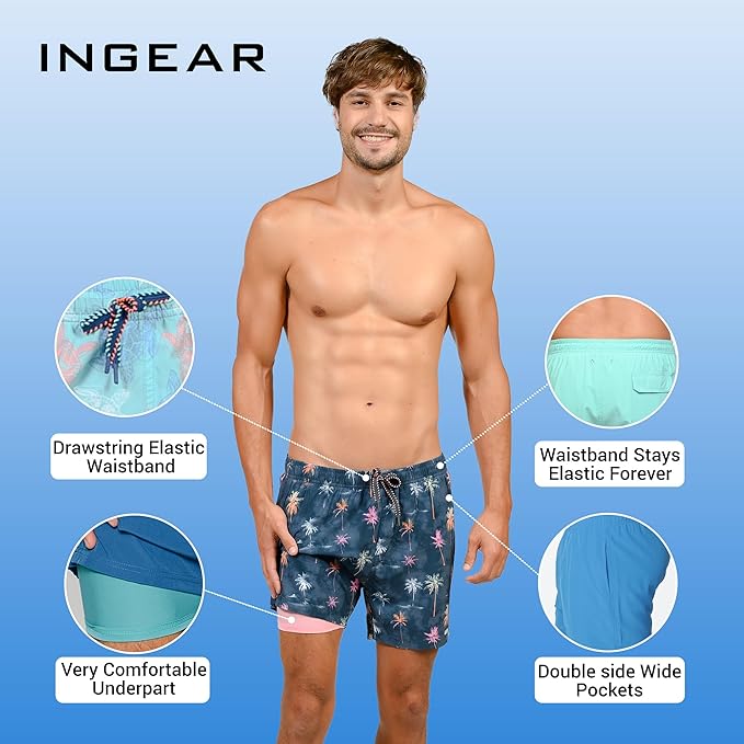 INGEAR Men's Athletic Stretch Workout Shorts Gym Quick Dry Running Trunks Boxer Lining