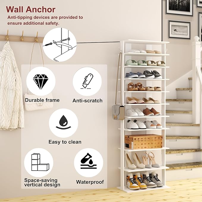 HOMEFORT 10-Tier Corner Shoe Tower - Double Rows, Slim Shoe Stand for 20 Pairs - Entryway, Hallway, Closet (White)