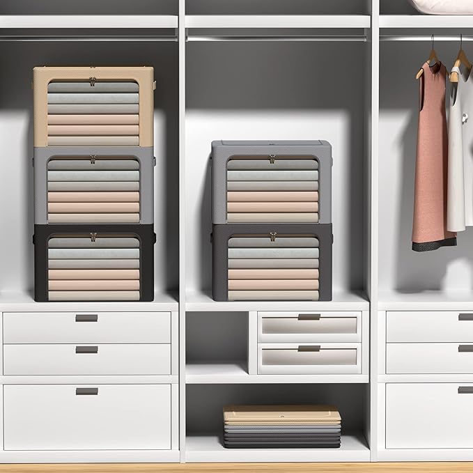 3Pack Frame Storage Box - Clothes Storage Bin Bags Oxford Fabric Foldable Stackable Container Organizer Set with Clear Window & Carry Handles Large Capacity (Beige, Extra Large-100L)