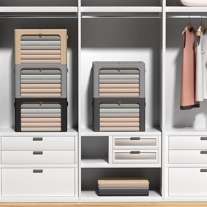 3Pack Frame Storage Box - Clothes Storage Bin Bags Oxford Fabric Foldable Stackable Container Organizer Set with Clear Window & Carry Handles (Black, X-Small-36L)