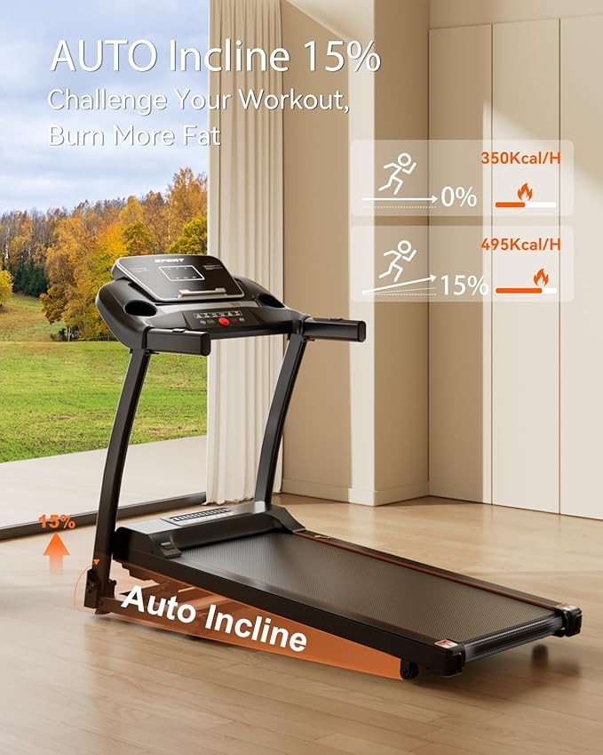 Treadmill for Home, 3.0HP Folding Treadmill with Incline, 300 lbs Capacity, Bluetooth & Heart Rate Sensor, Space-Saving Design