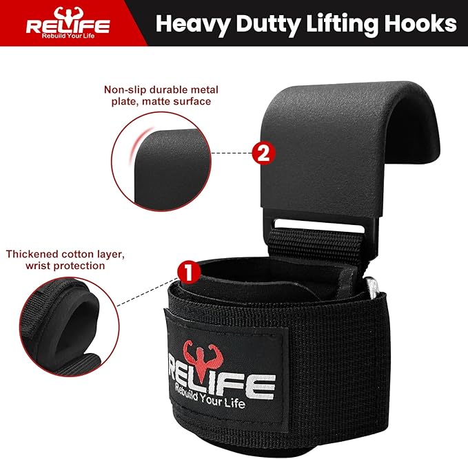 RELIFE REBUILD YOUR LIFE Lifting Hooks for Men and Women(Pair), Pull Up Straps, Gym Reapers Lifting Wrist Grips, Heavy Powerlifting, Lifting Hooks for Weight Lifting