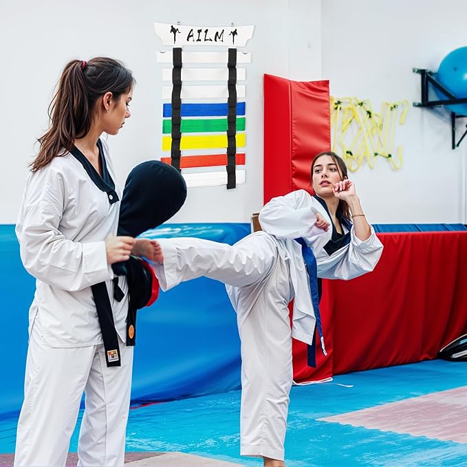 8 Belts Upgraded Karate Belt Display Rack with Stickers, Taekwondo Belt Display 【No Assembly Required】 Martial Arts Belt Display, Karate Belt Holder for Kids and Adult, Wood