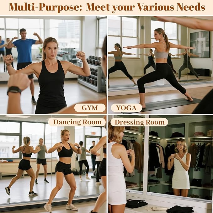 Home Gym Mirror - 2 PCS 24×48 inches, Large Wall Mounted Frameless Full Length Body Mirror for Dancing Studio, Exercise, Fineness, Yoga, Tempered Glass