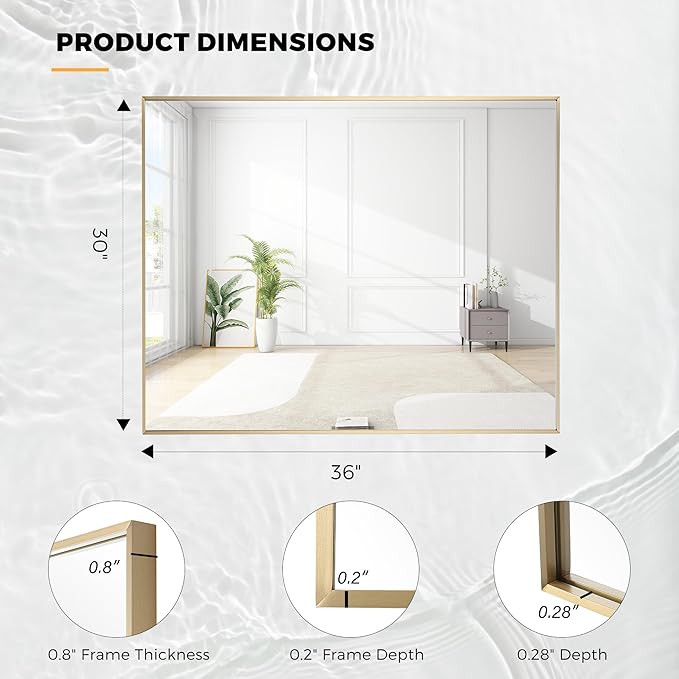30x36 Inch Brass Bathroom Mirror for Wall, Aluminum Frame Rectangle Rectangular Vanity Mirror, Modern Large for Bedroom, Living Room, Horizontal or Vertical