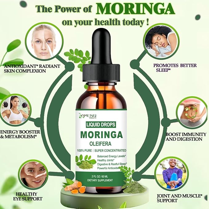 2 Pack Organic Moringa Liquid Drops, Fast-Absorbing Leaf Extract with Turmeric, Black Pepper & Vit C Immune Energy Metabolism & Joint Support丨6x Potency vs Powder Capsules丨Natural Superfood Supplement