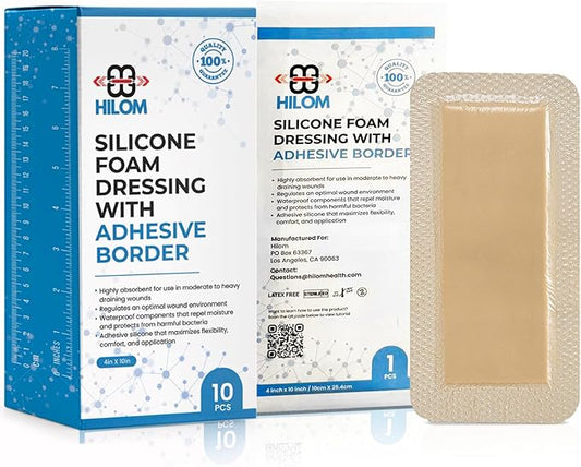Hilom Silicone Foam Dressing with Adhesive Border 4 in x 10 in (10 Pack) Waterproof Dressing | Moist to Heavily Draining Wounds Including Pressure Ulcer, Burns, or Lacerations | Latex Free…