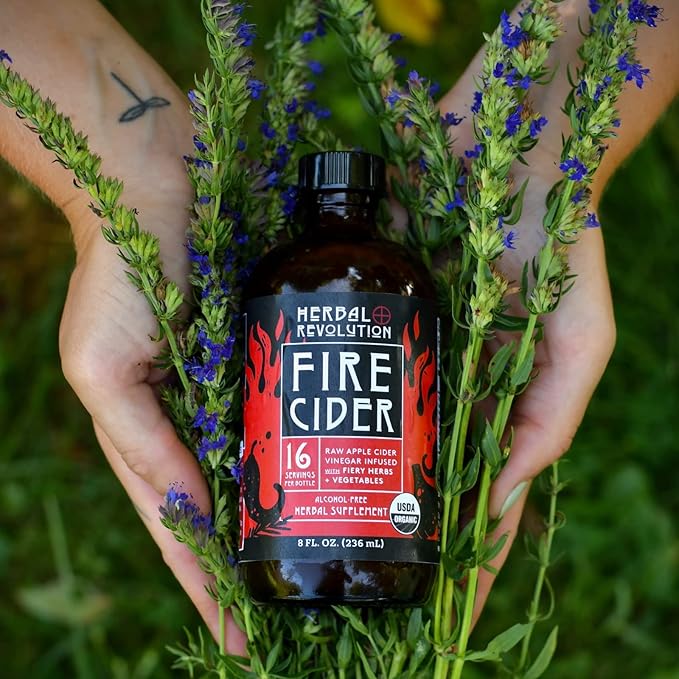 Herbal Revolution Fire Cider Apple Cider Vinegar - Certified Organic Non-GMO ACV Infused with Ginger, Horseradish, Hot Peppers, Honey, and More - Made Using Regenerative Farming Practices 8 Oz