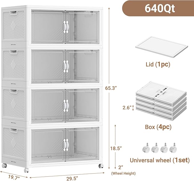 640QT Extra Large Stackable Storage Bins, 160Gal Clear Plastic Closet Organizer Cabinet with Lid and Wheels, Collapsible Latch Boxes Folding Drawer with Door for Home Kitchen, V20 4Pack White