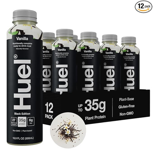 Huel Black Edition Ready-to-Drink | Vanilla Meal Replacement Shake | 35g High Protein Drink | 27 Vitamins & Minerals, Vegan, Gluten Free | Plant Based | High Fiber, Low Sugar | 16.9 Fl Oz, 12 Pack