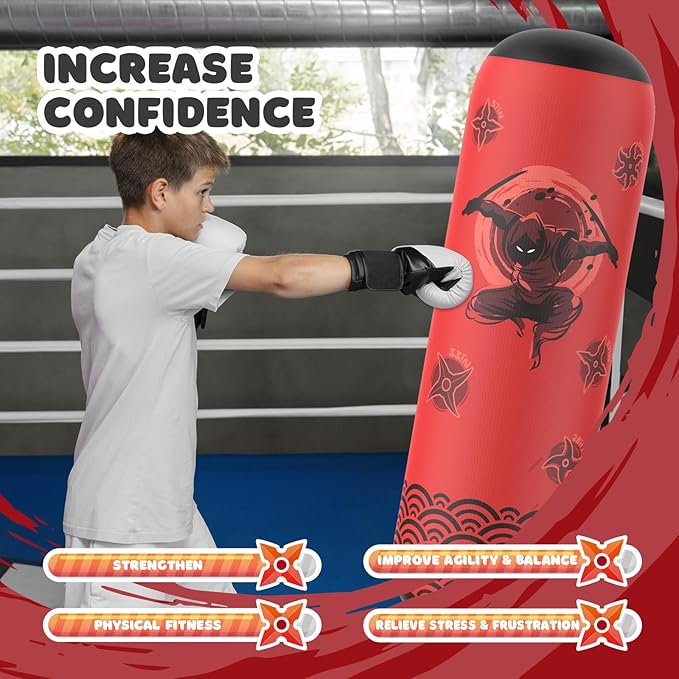Inflatable Punching Bag for Kids, Tall Larger 66 Inch Stable Boxing Bag for Teens, Ninja Shuriken Toy Gifts for Boys Girls, Boxing Set with Gloves and Pump for Practicing Karate Taekwondo