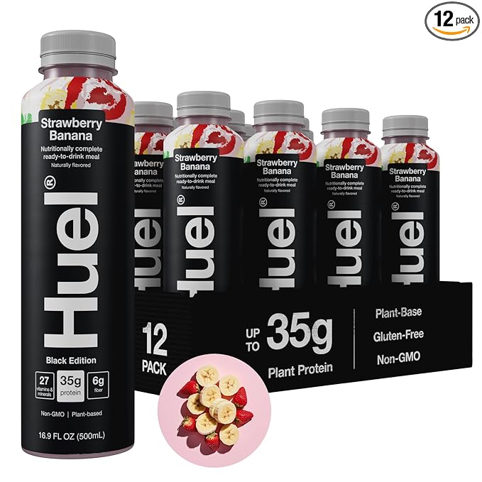 Huel Black Edition Ready-to-Drink | Strawberry Banana Meal Replacement Shake | 35g High Protein Drink | 27 Vitamins & Minerals, Vegan, Gluten Free | Plant Based | Low Sugar | 16.9 Fl Oz, 12 Pack