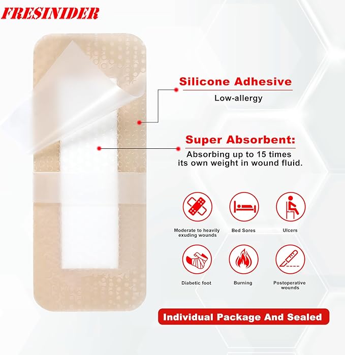4" x 8" Pack of 5 Silicone Foam Wound Dressing - Waterproof Adhesive Bandages with Bordered - Super Absorbent & Breathable for Optimal Wound Care