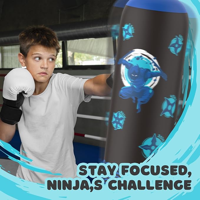 Inflatable Punching Bag for Kids, Tall Larger 66 Inch Stable Boxing Bag for Teens, Ninja Shuriken Toy Gifts for Boys Girls, Boxing Set with Gloves and Pump for Practicing Karate Taekwondo