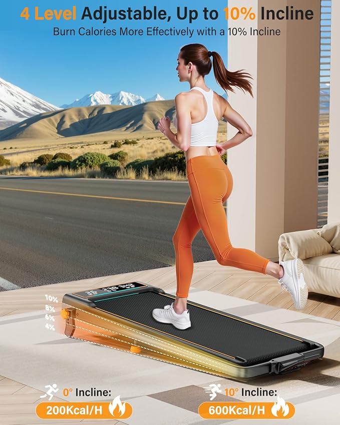 Treadmill Walking Pad with 10% Incline/Handle Bar/2 LED Display, 3.5HP Portable Treadmills for Home Small, Foldable Walking Pad Treadmill 350+lb Capacity, Smart App, 4 Adjustable Incline, RGB Light