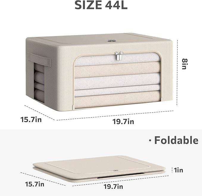 3Pack Frame Storage Box - Clothes Storage Bin Bags Oxford Fabric Foldable Stackable Container Organizer Set with Clear Window & Carry Handles (Beige, Medium-44L)