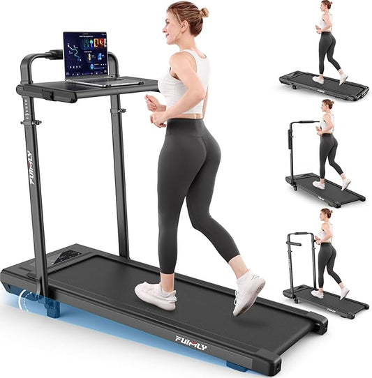 Walking Pad Treadmill with Desk Workstation, 10% Incline Foldable Treadmill with Handrail, 300lbs Capacity, 3 Control Methods, 8 in 1 Folding Treadmills for Home Office