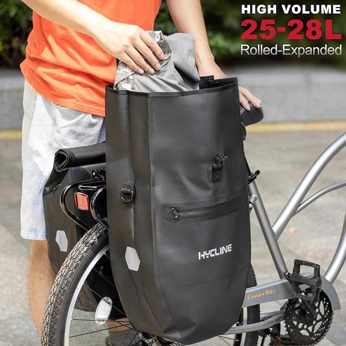 Hycline Waterproof Bike Panniers Bag: Bicycle Rear Rack Bags 28L Large Capacity with Dual Carrying Handle and Shoulder Strap for Commuting Cycling Traveling Touring Shopping - 2PCS