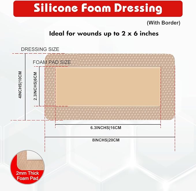 4" x 8" Pack of 5 Silicone Foam Wound Dressing - Waterproof Adhesive Bandages with Bordered - Super Absorbent & Breathable for Optimal Wound Care