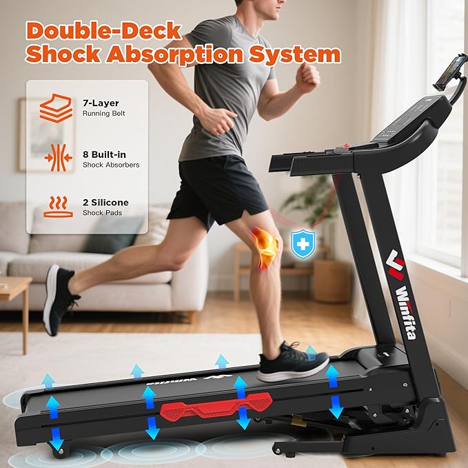 Treadmill with Incline, 300 LBS Capacity, 8 MPH or 10 MPH Speed, Bluetooth, App, Pause Function, Folding Treadmills for Home with 64 Programs, 17'' or 18'' Wide Belt, Heart Rate, BMI Detector