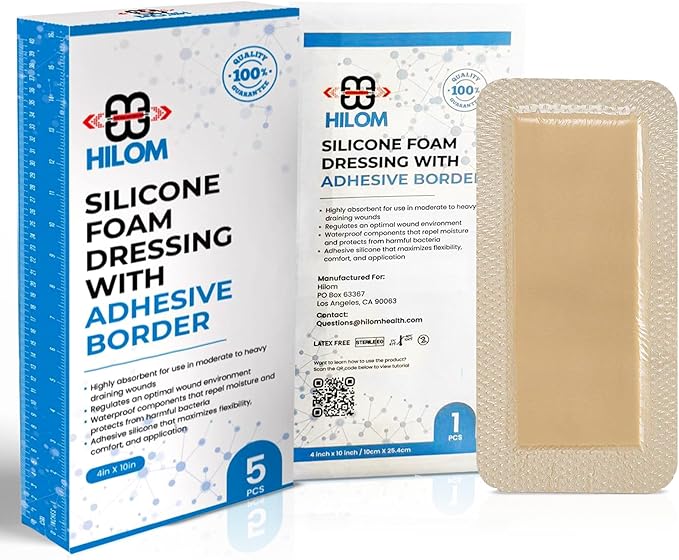 Hilom Silicone Foam Dressing with Adhesive Border 4 in x 10 in (5 Pack) Waterproof Dressing | Moist to Heavily Draining Wounds Including Pressure Ulcer, Burns, or Lacerations | Latex Free