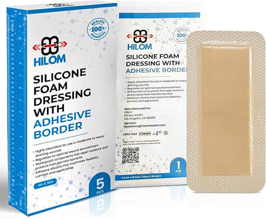 Hilom Silicone Foam Dressing with Adhesive Border 4 in x 10 in (5 Pack) Waterproof Dressing | Moist to Heavily Draining Wounds Including Pressure Ulcer, Burns, or Lacerations | Latex Free