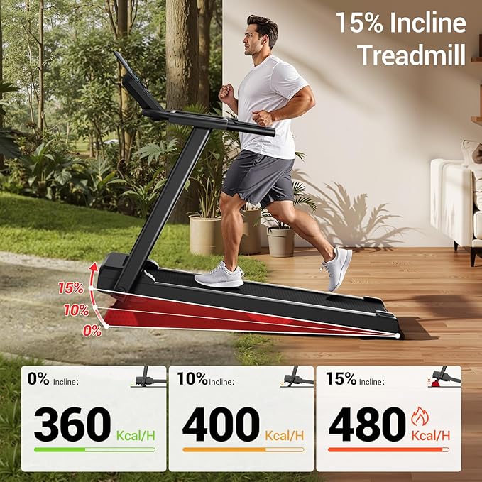 Treadmills for Home, 15% Incline Treadmill, Folding Treadmill Filpped Screen and Heart Rate Sensor, 3.0HP Quiet Brushless Dual Cushion System, 300lbs Weight Capacity
