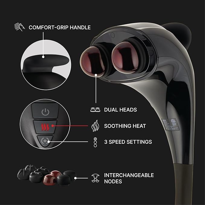 Homedics Handheld Back Massager, Dual Heated Nodes, Neck, and Body Percussion Massager with Interchangeable Nodes to Release Back, Neck, Shoulder Leg and Foot Tension