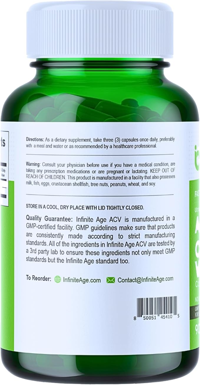 INFINITE AGE 1950mg Apple Cider Vinegar Capsules, 90 Count - Made in The USA, Vegan, Gluten Free, All-Natural - with 60mg Cayenne Fruit - No Fillers, Ultra Concentrated