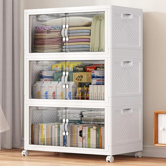 300QT Extra Large Stackable Storage Bins, 75Gal Clear Plastic Closet Organizer Cabinet with Lid and Wheels, Collapsible Latch Boxes Folding Drawer with Door for Home Kitchen, V20 3Pack White