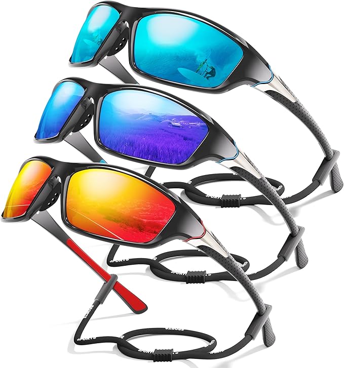 3 Pack Polarized Sports Sunglasses for Men, Mens Sunglasses Wrap Around UV400 Protection for Cycling Fishing Driving