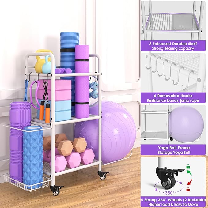 Home Gym Storage Rack Exercise Equipment Storage Organizer for Yoga Mat Dumbbells Kettlebells Foam Roller Yoga Strap & Resistance Bands, Ideal Yoga Mat Holder & Workout Equipment Organizer