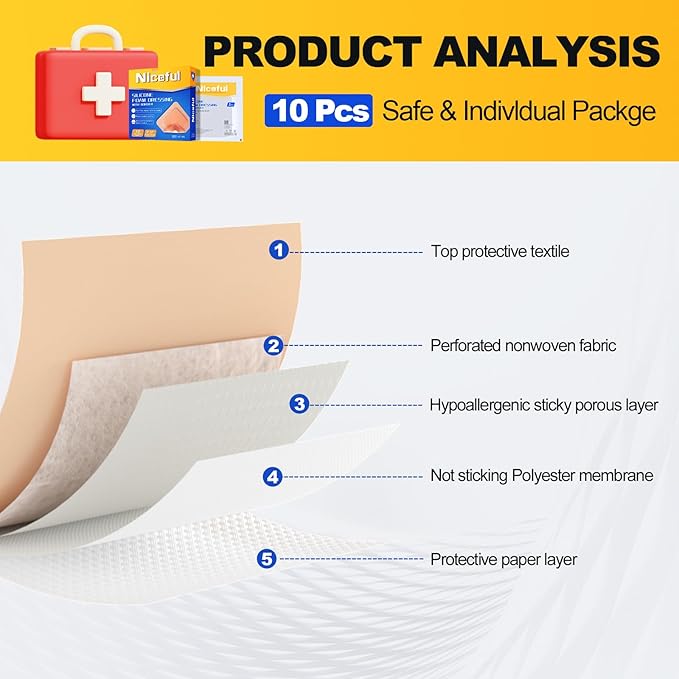 10 Pcs Silicone Foam Dressing 6x6 inch - Large Bandages for Wounds, Absorbent Silicone Bandages for Wounds, Waterproof Bed Sore Bandages Wound Dressing,HSA FSA Eligible