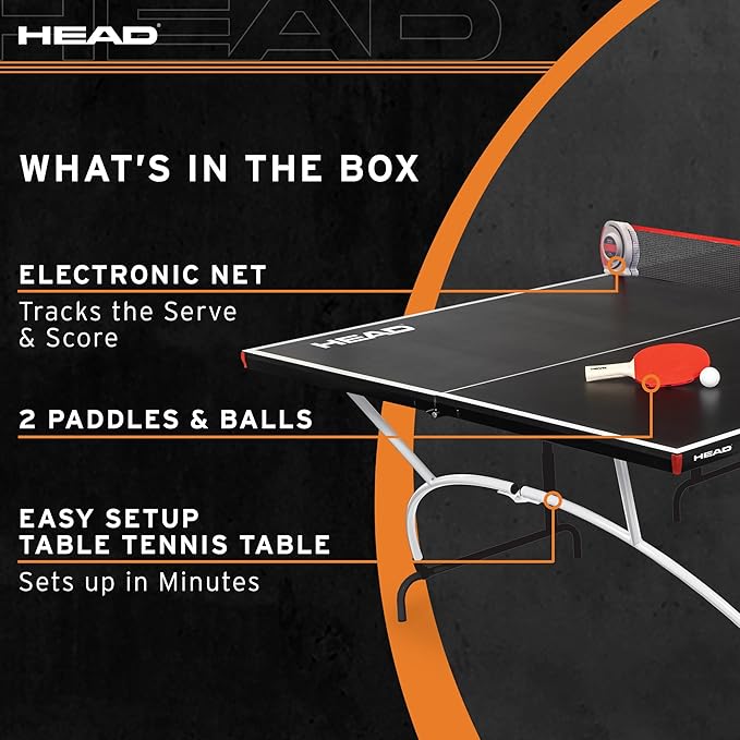 HEAD Easy Setup Ping Pong Table with Electronic Scorer - Junior Folding Table Tennis Table for Easy Storage - Game Room Table Includes 2 Paddles and Balls