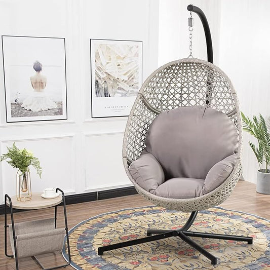 Hanging Egg Chair with Stand, Wicker Egg Swing Chair PE Rattan Hanging Chair Comfort Cushion, 350LBS Capacity for Indoor Bedroom Outdoor Porch Garden (Grey)