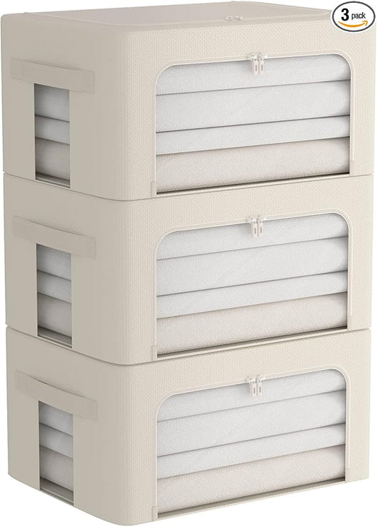 3Pack Frame Storage Box - Clothes Storage Bin Bags Oxford Fabric Foldable Stackable Container Organizer Set with Clear Window & Carry Handles (Beige, Medium-44L)