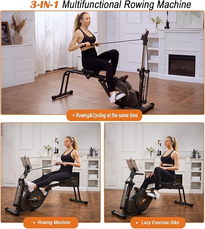 3 in 1 Rowing Machine, Dual Slide Rail 6-Level Adjustable Height with Max 350lb Weight Capacity, Home Fitness Rower for Full Body Workout, App Compatible